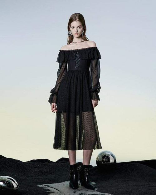 Grunge Strappy Off Shoulder Chiffon Black Dress