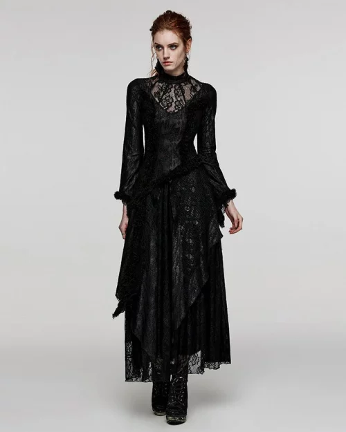 Gothic Flared Sleeved Mesh Splice Lace Wedding Dress