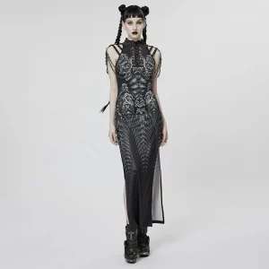 Gothic Strappy Side Slit Dress with Chain