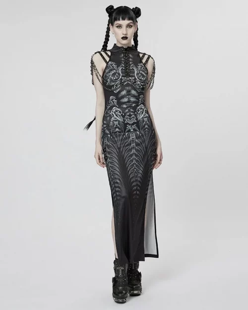 Gothic Strappy Side Slit Dress with Chain