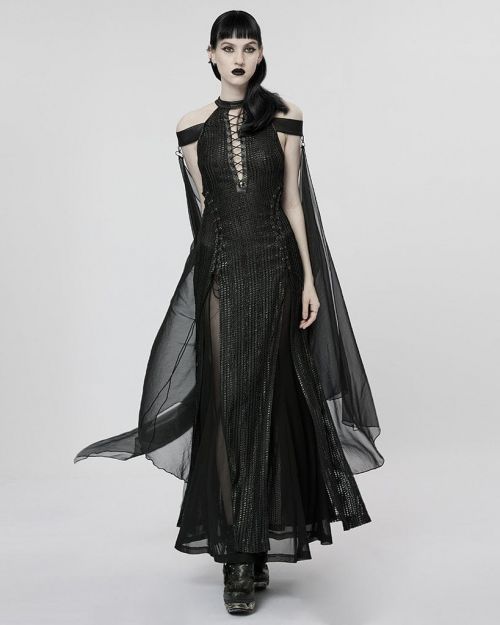 Gothic Strappy Side Slit Dress with Detachable Cape