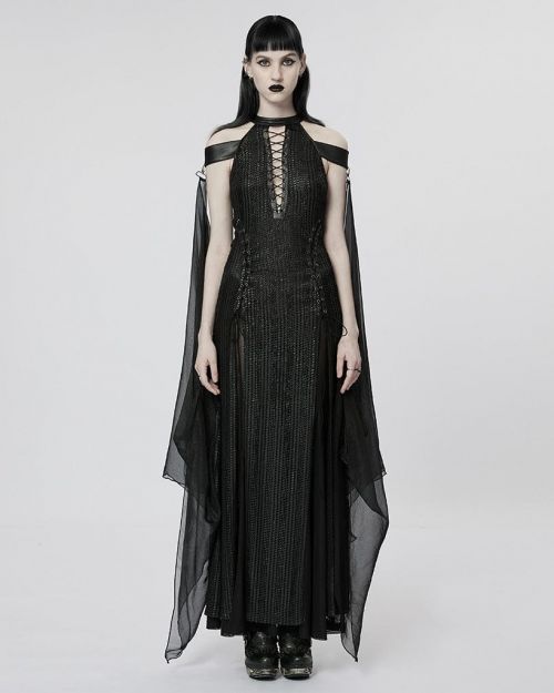 Gothic Strappy Side Slit Dress with Detachable Cape
